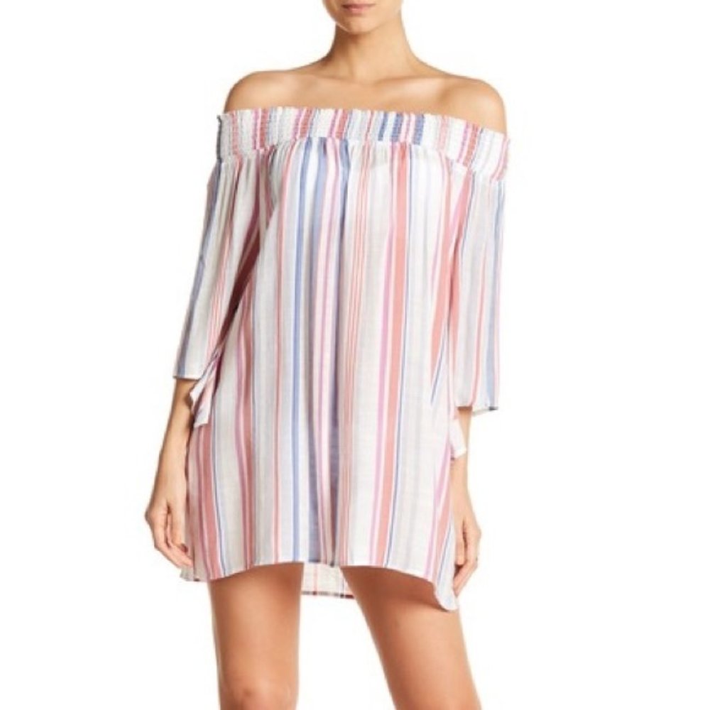 Hawaiian Tropic Off the Shoulder Striped Swim Beach Lightweight XL Cover Up